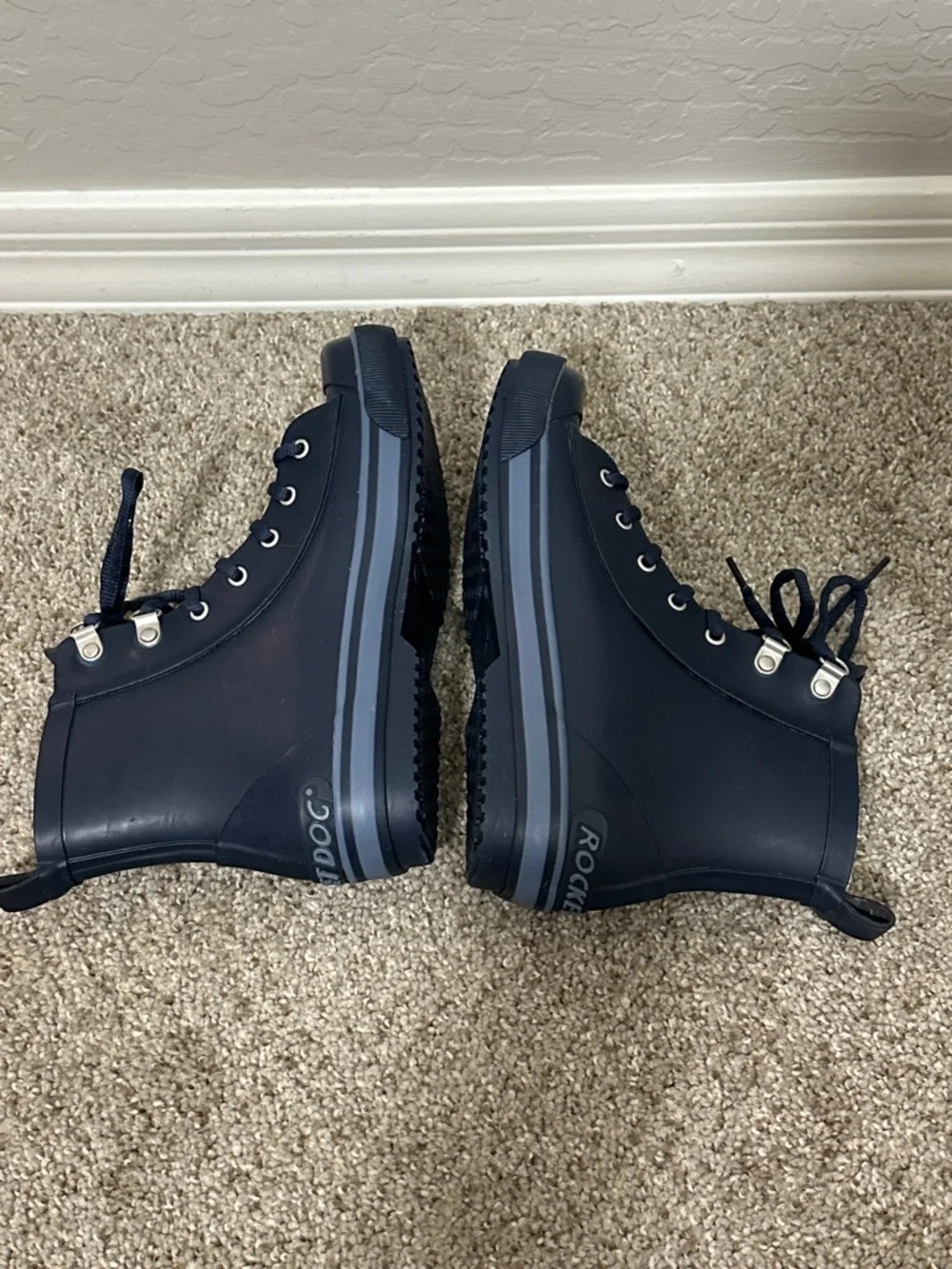Rocket Dog Navy Rubber Rain Boots Lace Up Mid Calf Waterproof Womens Size 7
